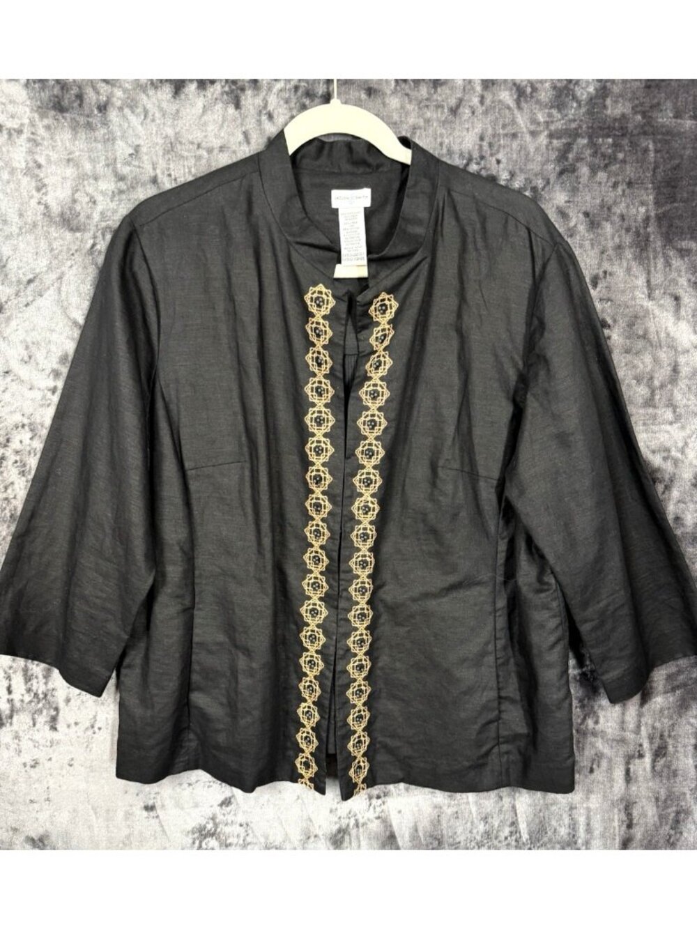 Jaclyn Smith XL Black Linen Blend Shirt Mandarin Collar Tailored Embroidered Top
